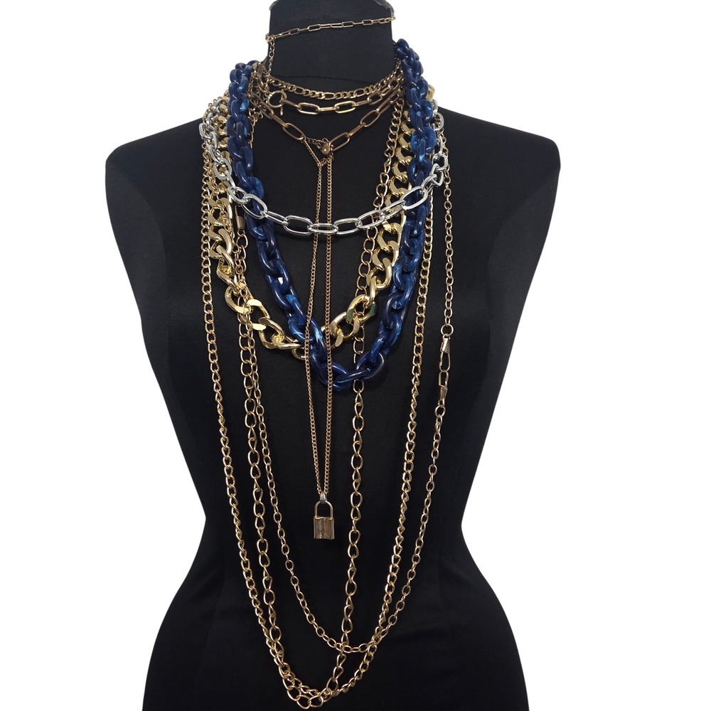Lot of 9 Chain Necklace Metal Acrylic Gold Silver Link Padlock Pendant Fashion